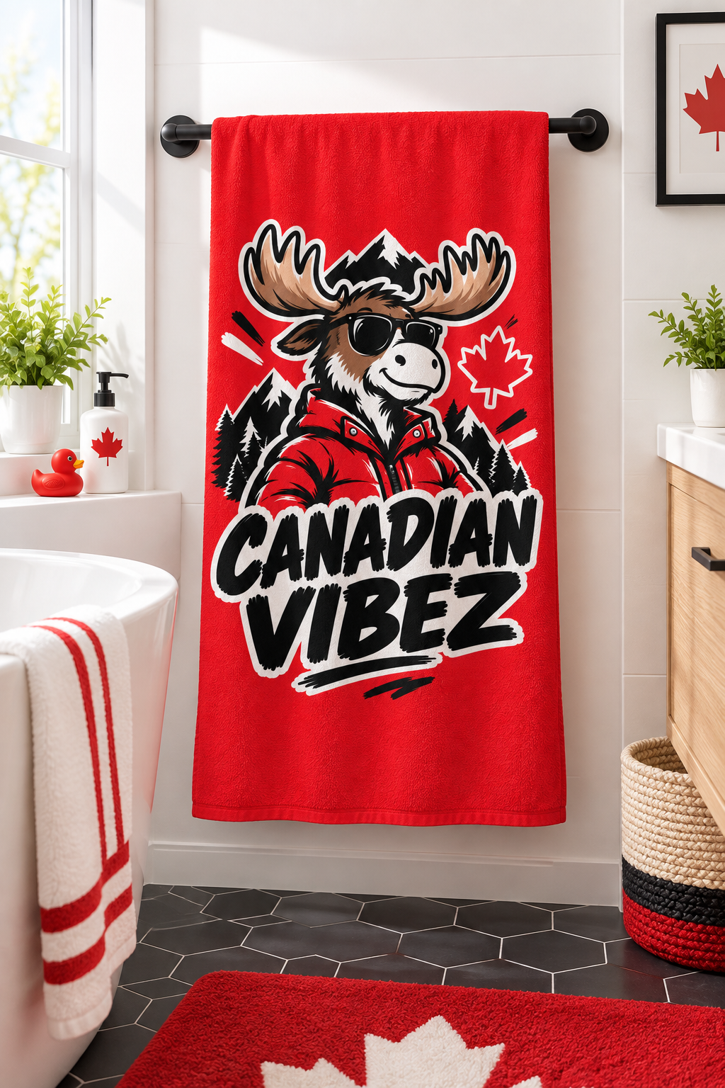 Canadian Vibez Moose Graphic Beach Towel | Red Maple Leaf Cooler