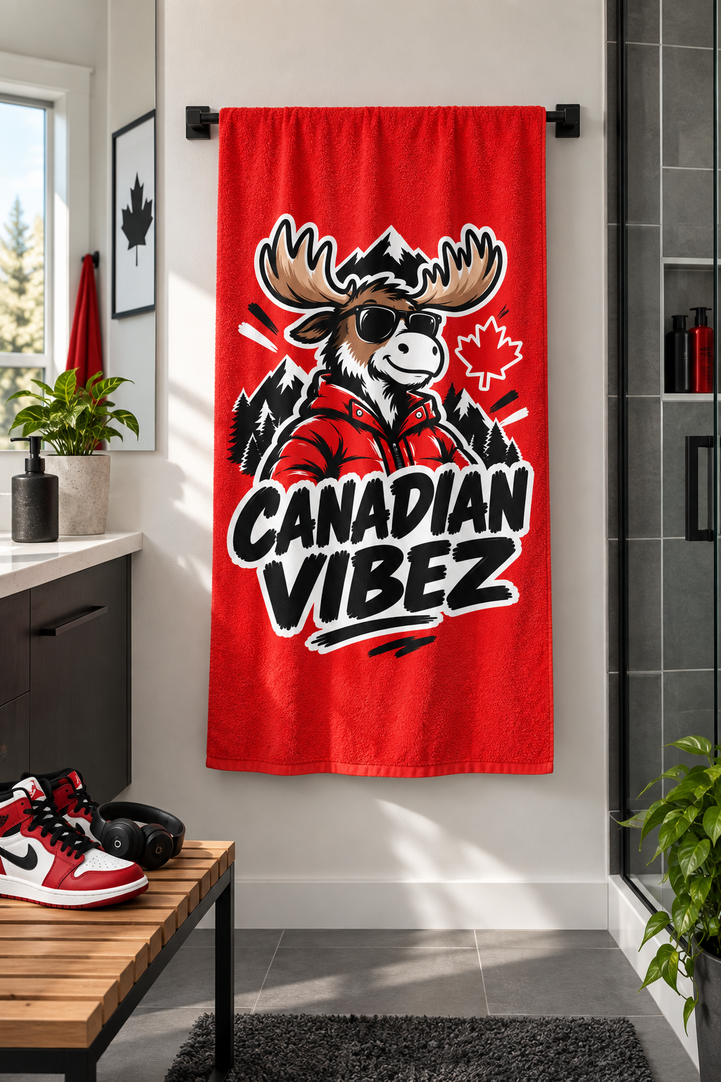 Canadian Vibez Moose Graphic Beach Towel | Red Maple Leaf Cooler