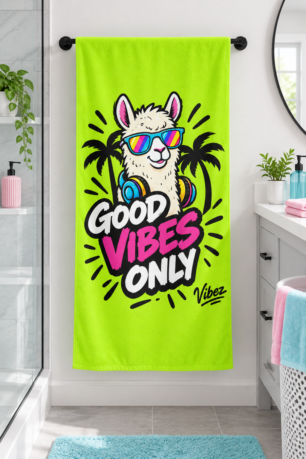 Llama Sunglasses Good Vibes Only Beach Towel | Neon Palm Tropical