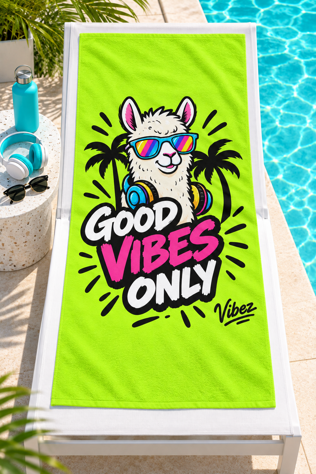 Llama Sunglasses Good Vibes Only Beach Towel | Neon Palm Tropical
