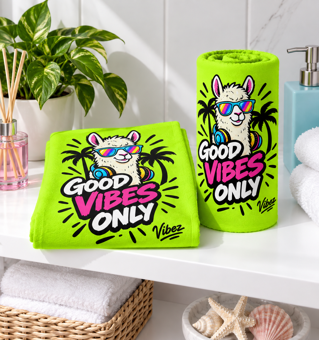 Llama Sunglasses Good Vibes Only Beach Towel | Neon Palm Tropical