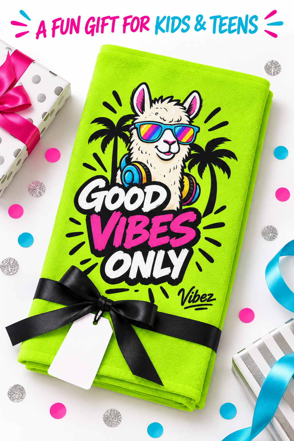 Llama Sunglasses Good Vibes Only Beach Towel | Neon Palm Tropical