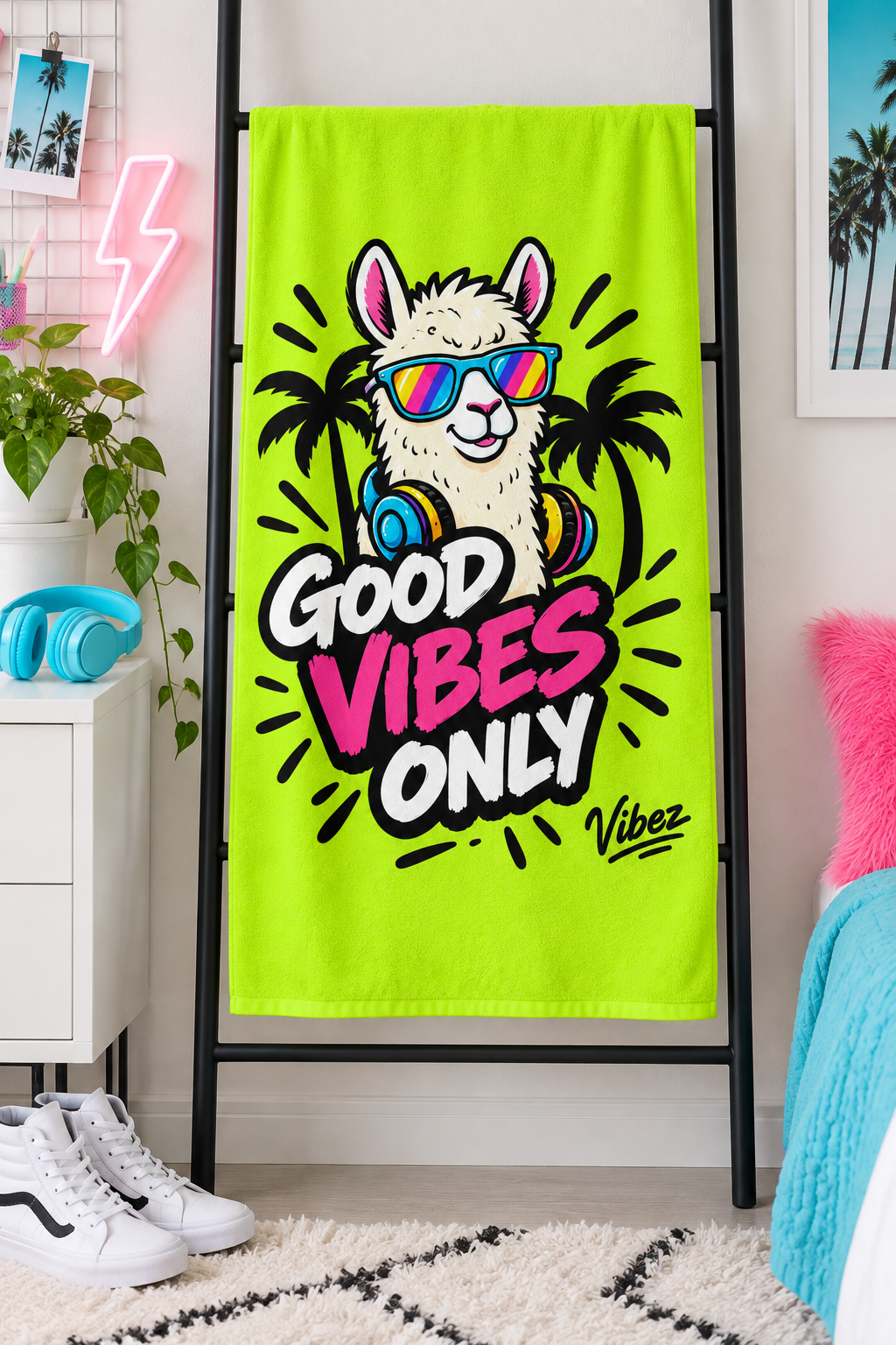 Llama Sunglasses Good Vibes Only Beach Towel | Neon Palm Tropical