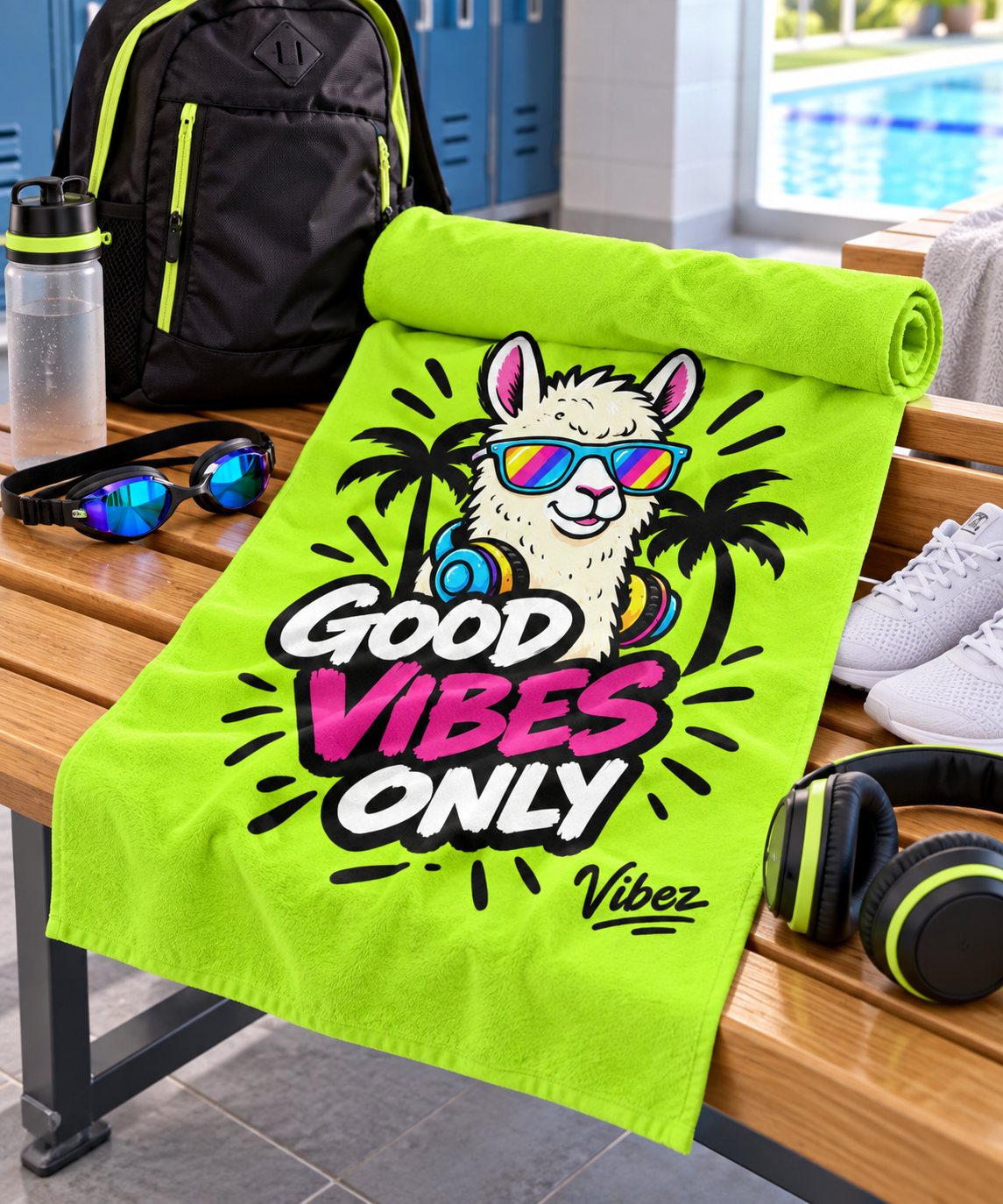 Llama Sunglasses Good Vibes Only Beach Towel | Neon Palm Tropical