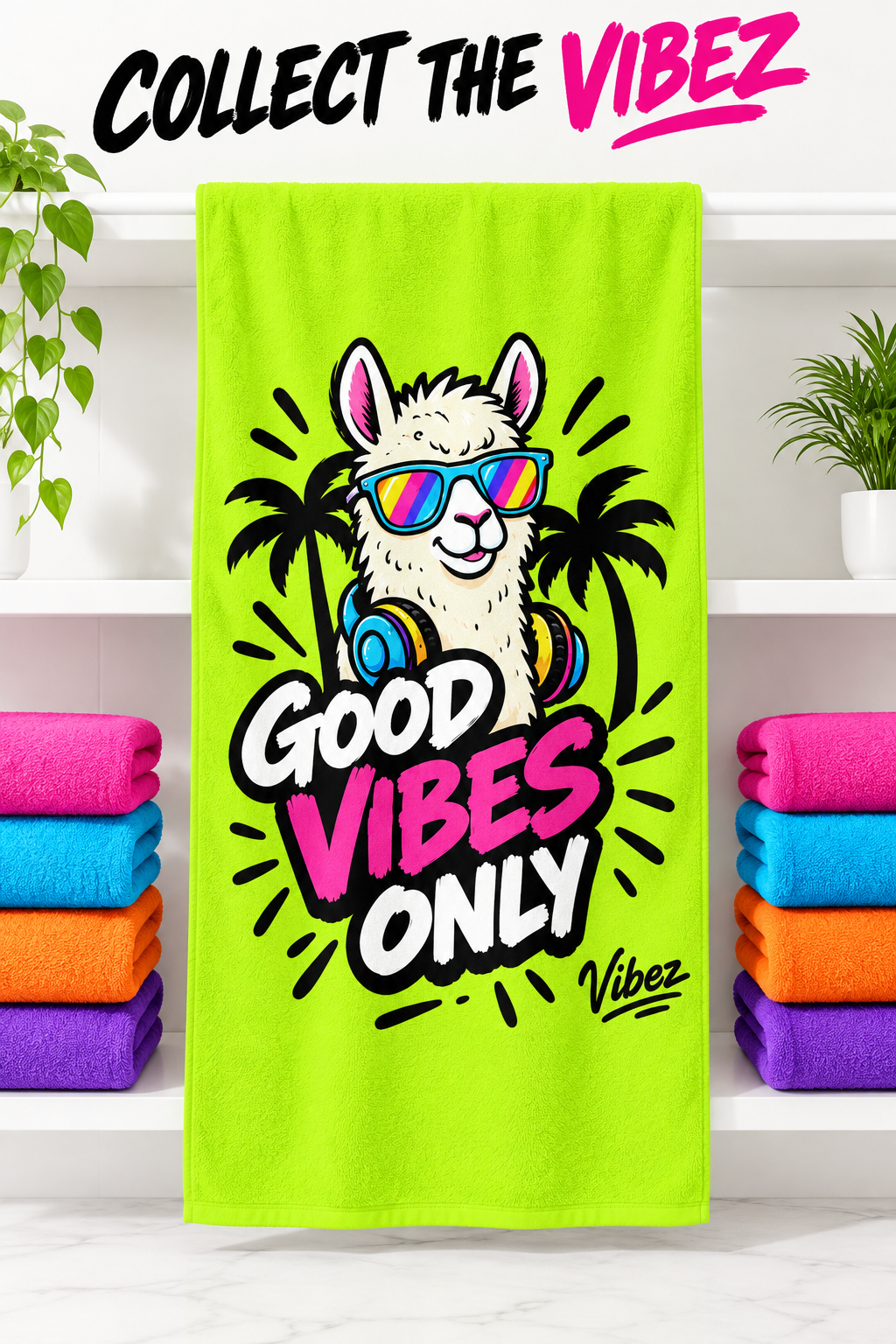 Llama Sunglasses Good Vibes Only Beach Towel | Neon Palm Tropical