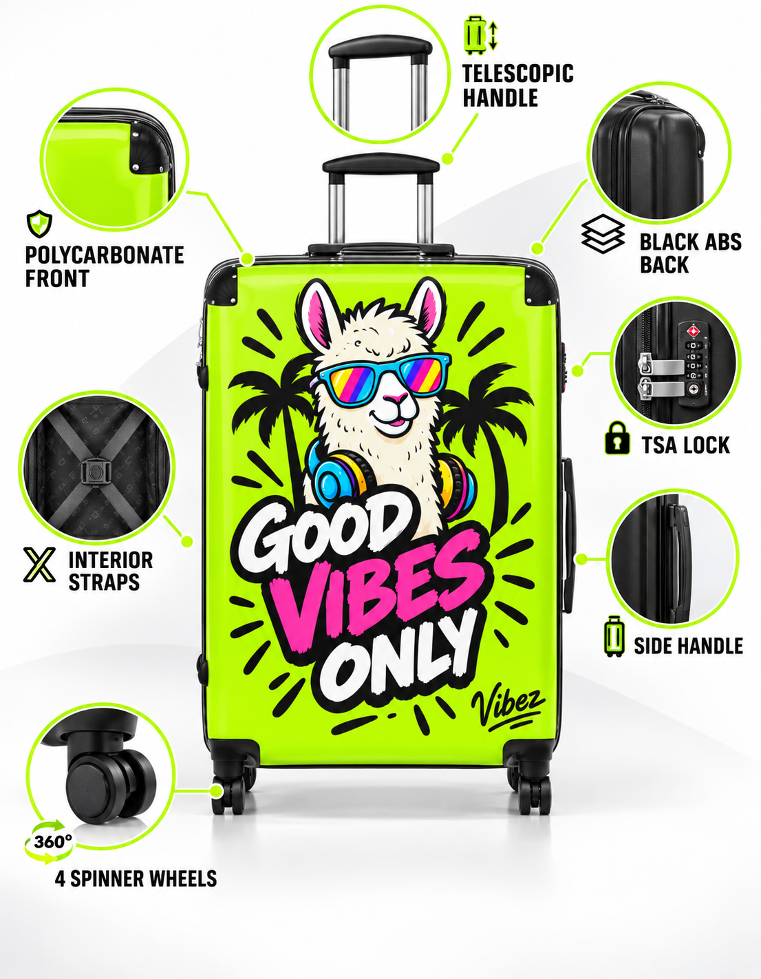 Good Vibes Only Llama Suitcase | Neon Travel Luggage