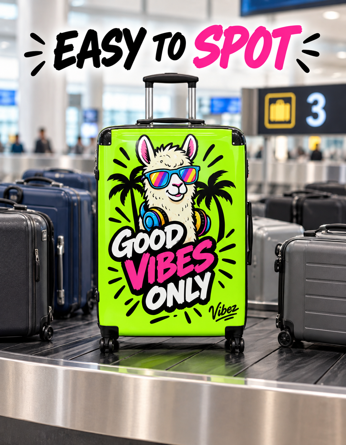 Good Vibes Only Llama Suitcase | Neon Travel Luggage