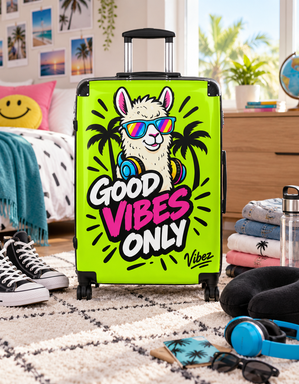 Good Vibes Only Llama Suitcase | Neon Travel Luggage