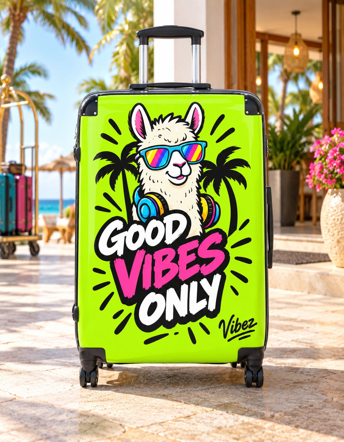 Good Vibes Only Llama Suitcase | Neon Travel Luggage