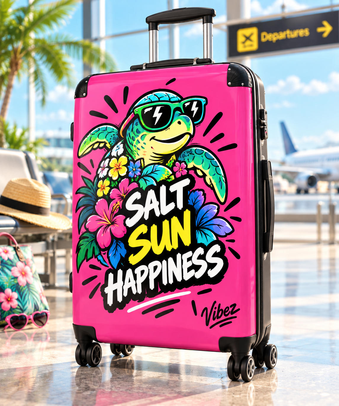 Sea Turtle 'Salt Sun Happiness' Suitcase | Bright Pink Beach Luggage