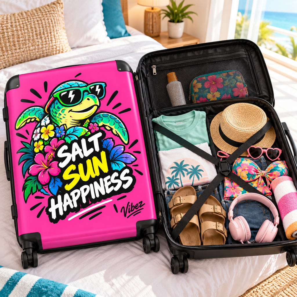 Sea Turtle 'Salt Sun Happiness' Suitcase | Bright Pink Beach Luggage