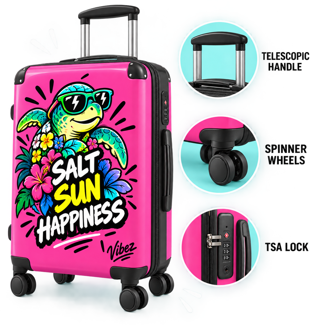 Sea Turtle 'Salt Sun Happiness' Suitcase | Bright Pink Beach Luggage