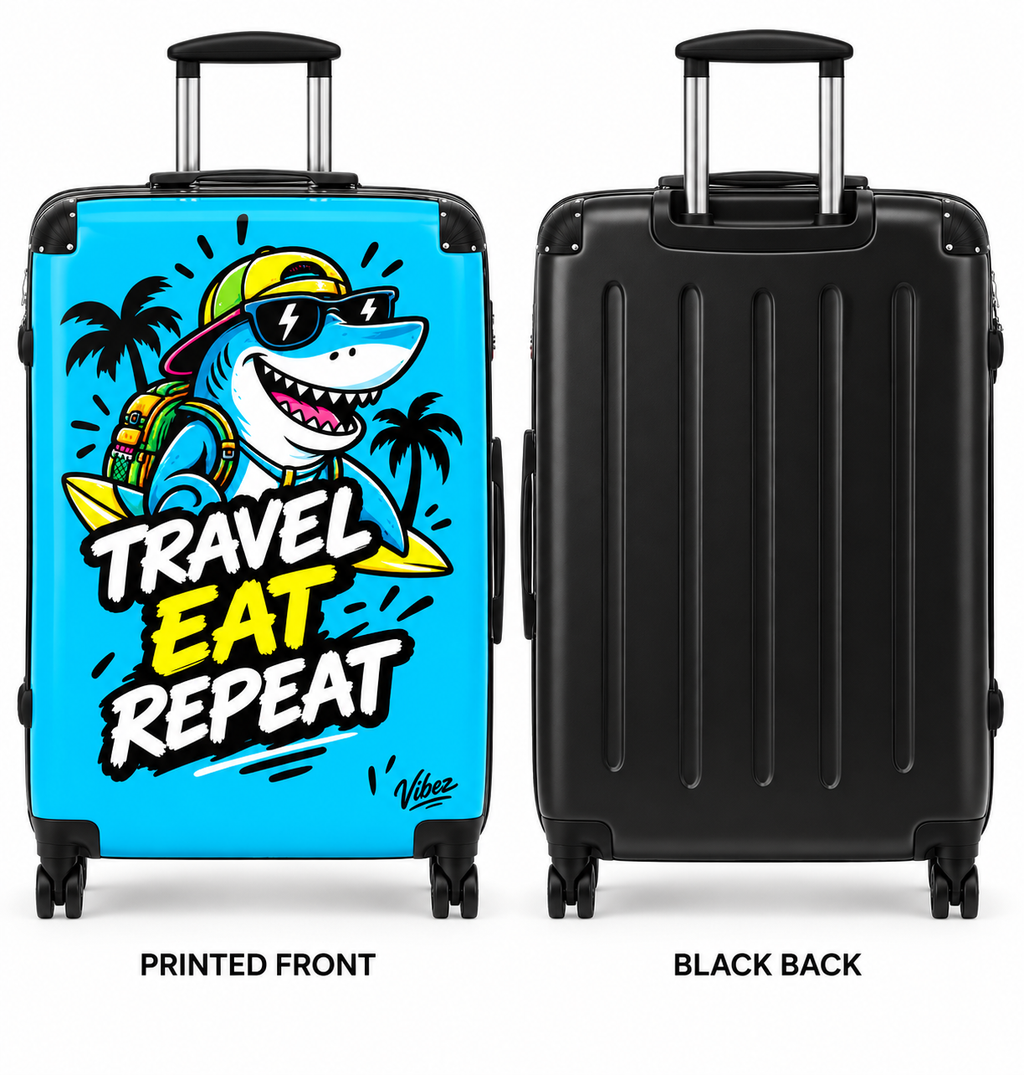 Travel Eat Repeat shark luggage suitcase | hard shell carry-on