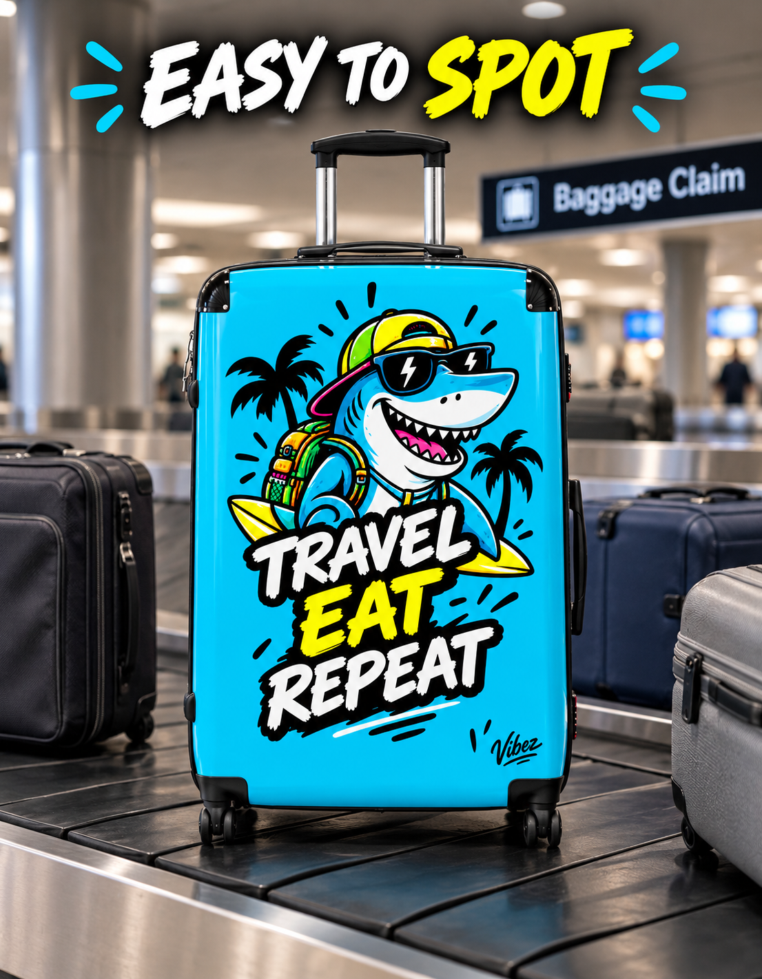 Travel Eat Repeat shark luggage suitcase | hard shell carry-on