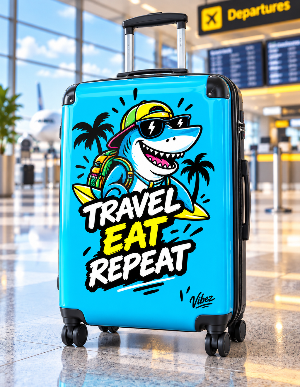 Travel Eat Repeat shark luggage suitcase | hard shell carry-on