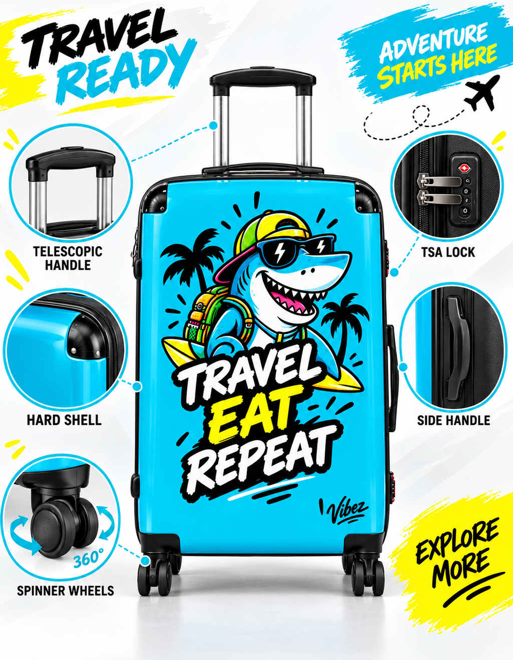 Travel Eat Repeat shark luggage suitcase | hard shell carry-on