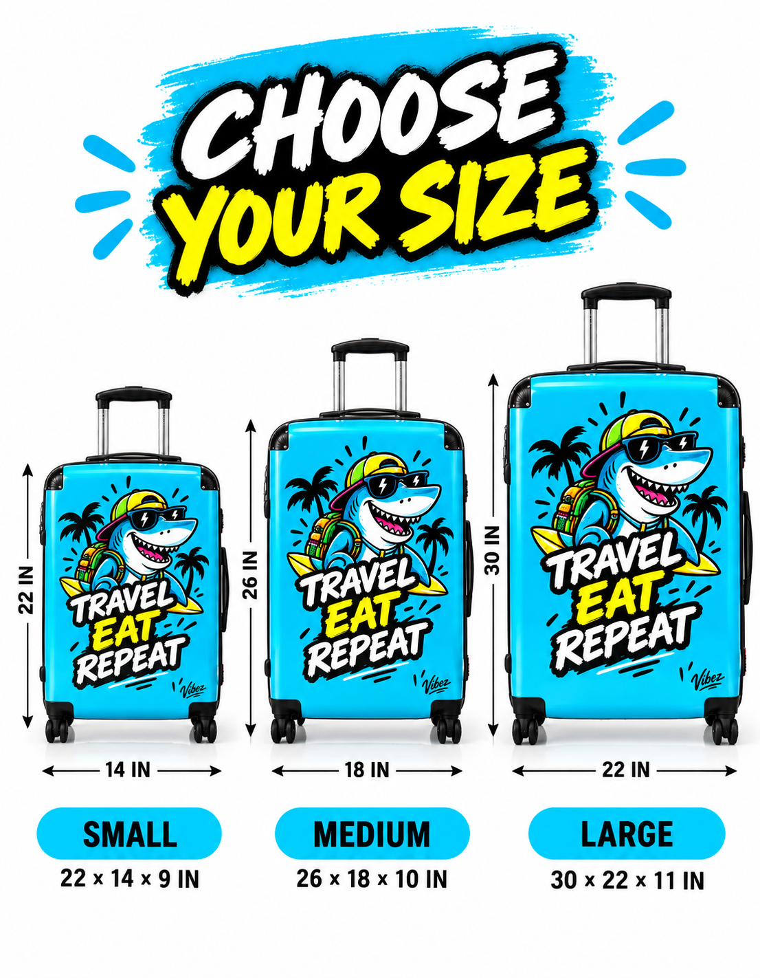 Travel Eat Repeat shark luggage suitcase | hard shell carry-on