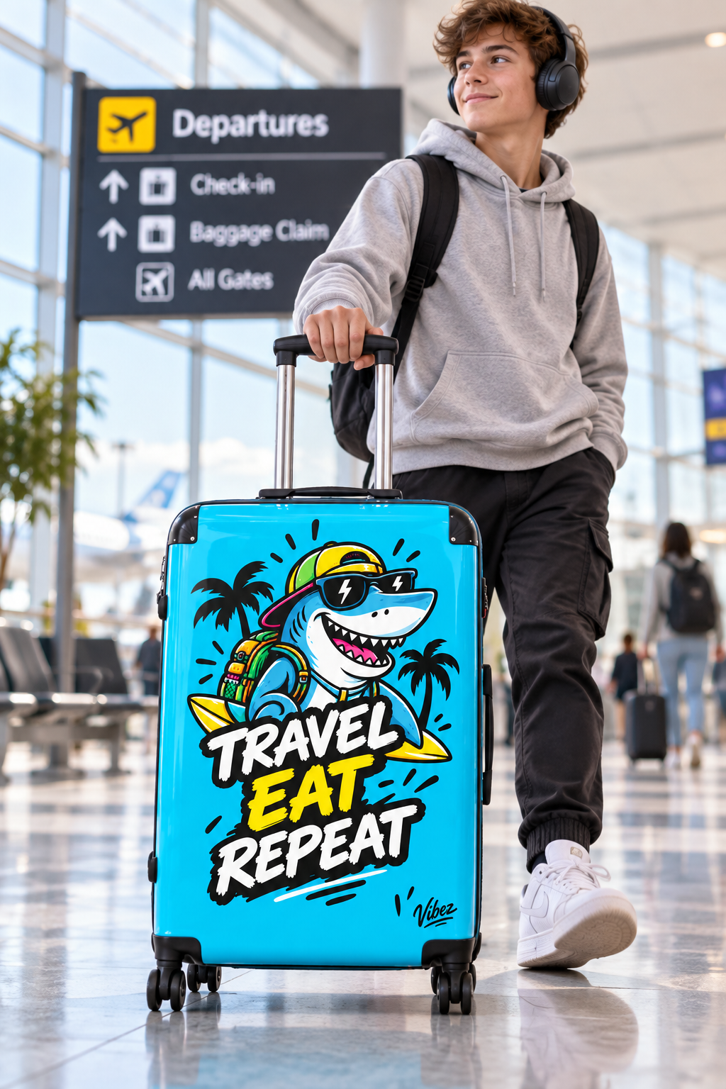 Travel Eat Repeat shark luggage suitcase | hard shell carry-on