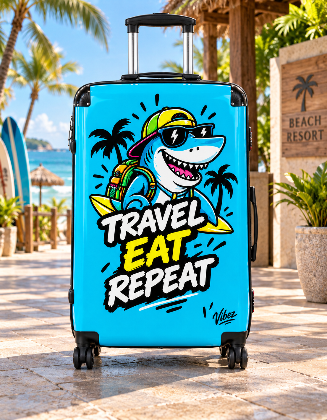 Travel Eat Repeat shark luggage suitcase | hard shell carry-on
