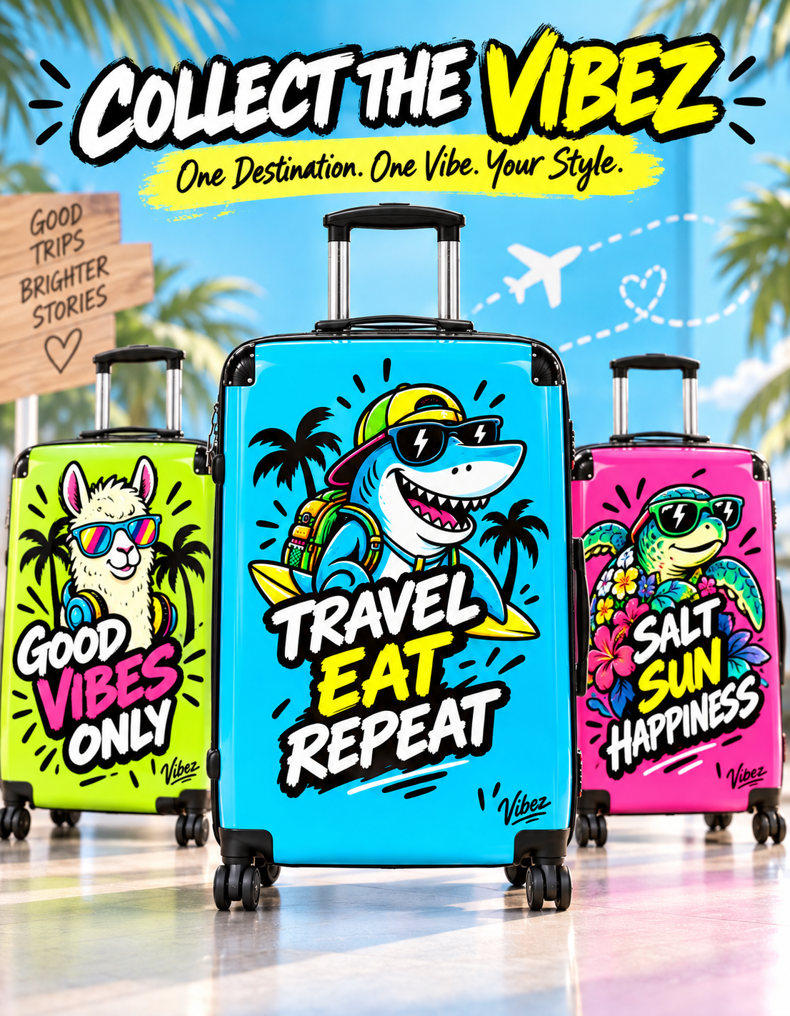Travel Eat Repeat shark luggage suitcase | hard shell carry-on