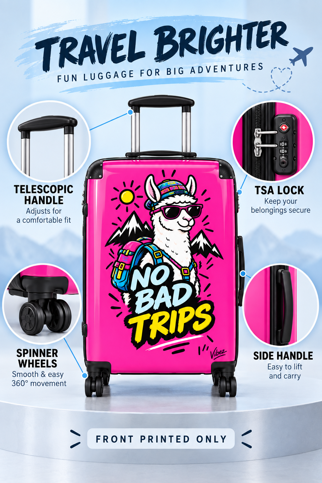 No Bad Trips Llama Suitcase | Bright Pink Travel Luggage, Mountain Graphic