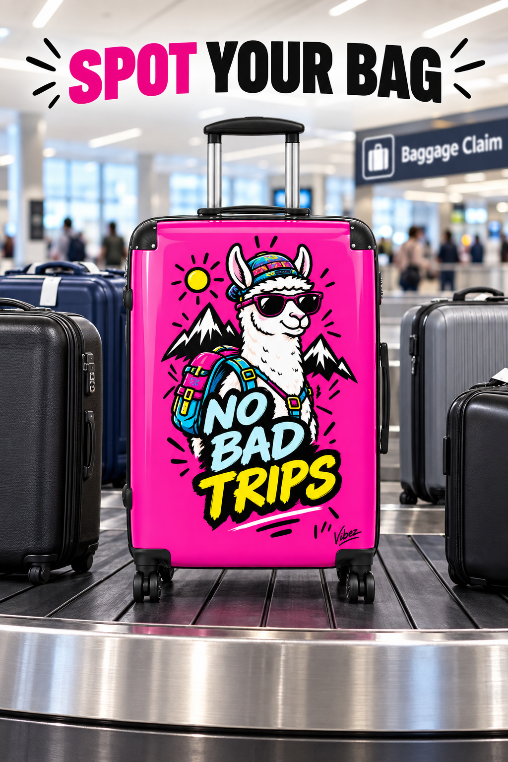 No Bad Trips Llama Suitcase | Bright Pink Travel Luggage, Mountain Graphic