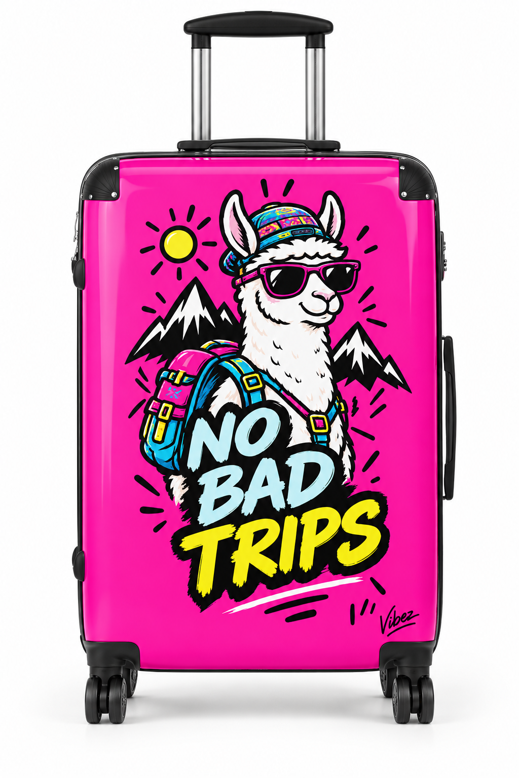 No Bad Trips Llama Suitcase | Bright Pink Travel Luggage, Mountain Graphic