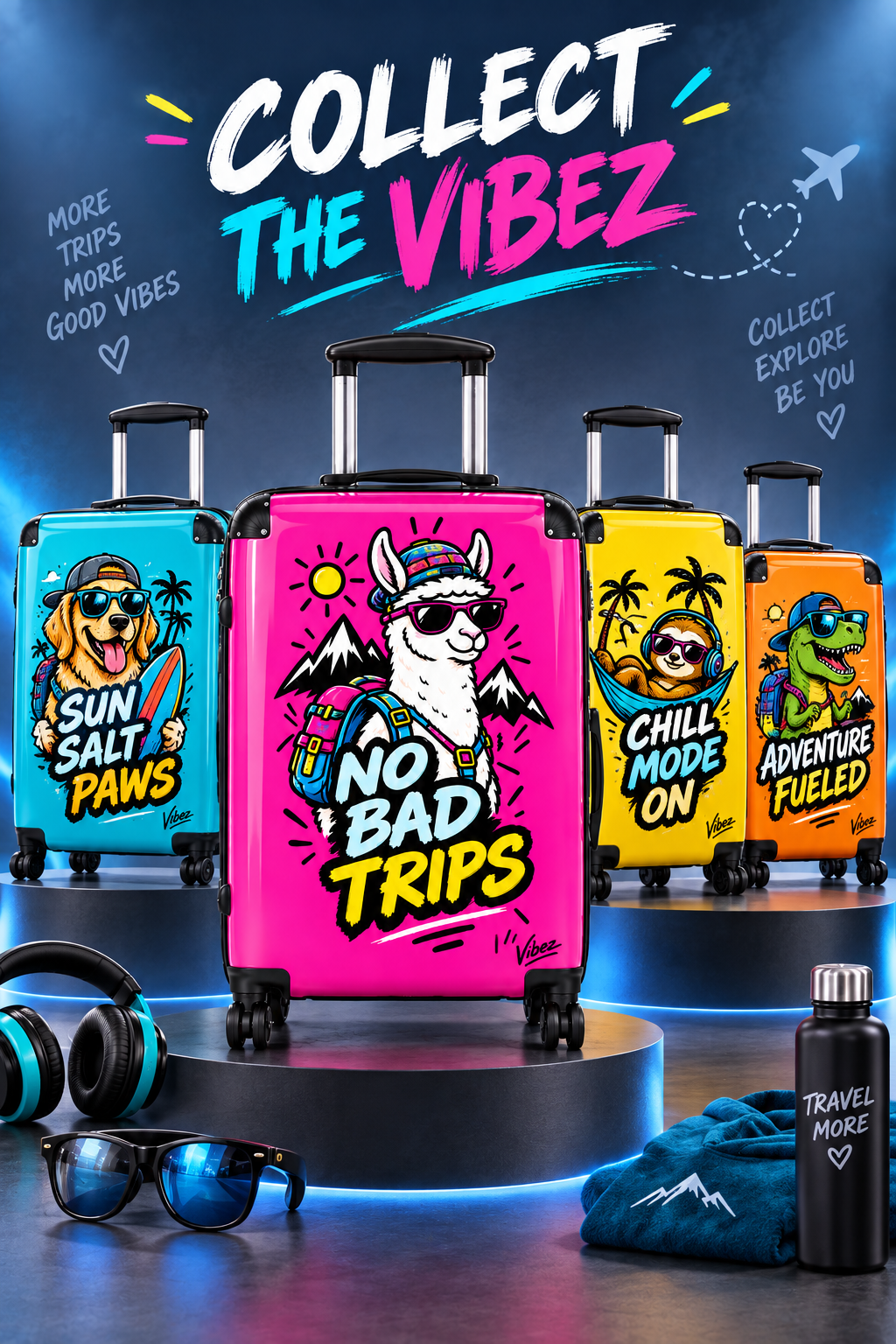 No Bad Trips Llama Suitcase | Bright Pink Travel Luggage, Mountain Graphic