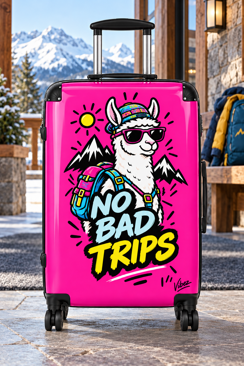 No Bad Trips Llama Suitcase | Bright Pink Travel Luggage, Mountain Graphic