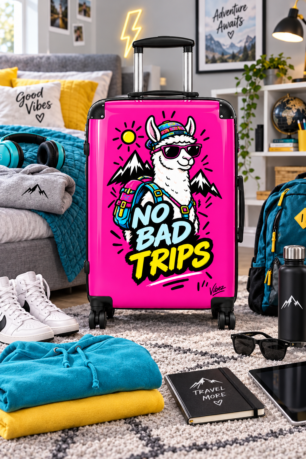 No Bad Trips Llama Suitcase | Bright Pink Travel Luggage, Mountain Graphic