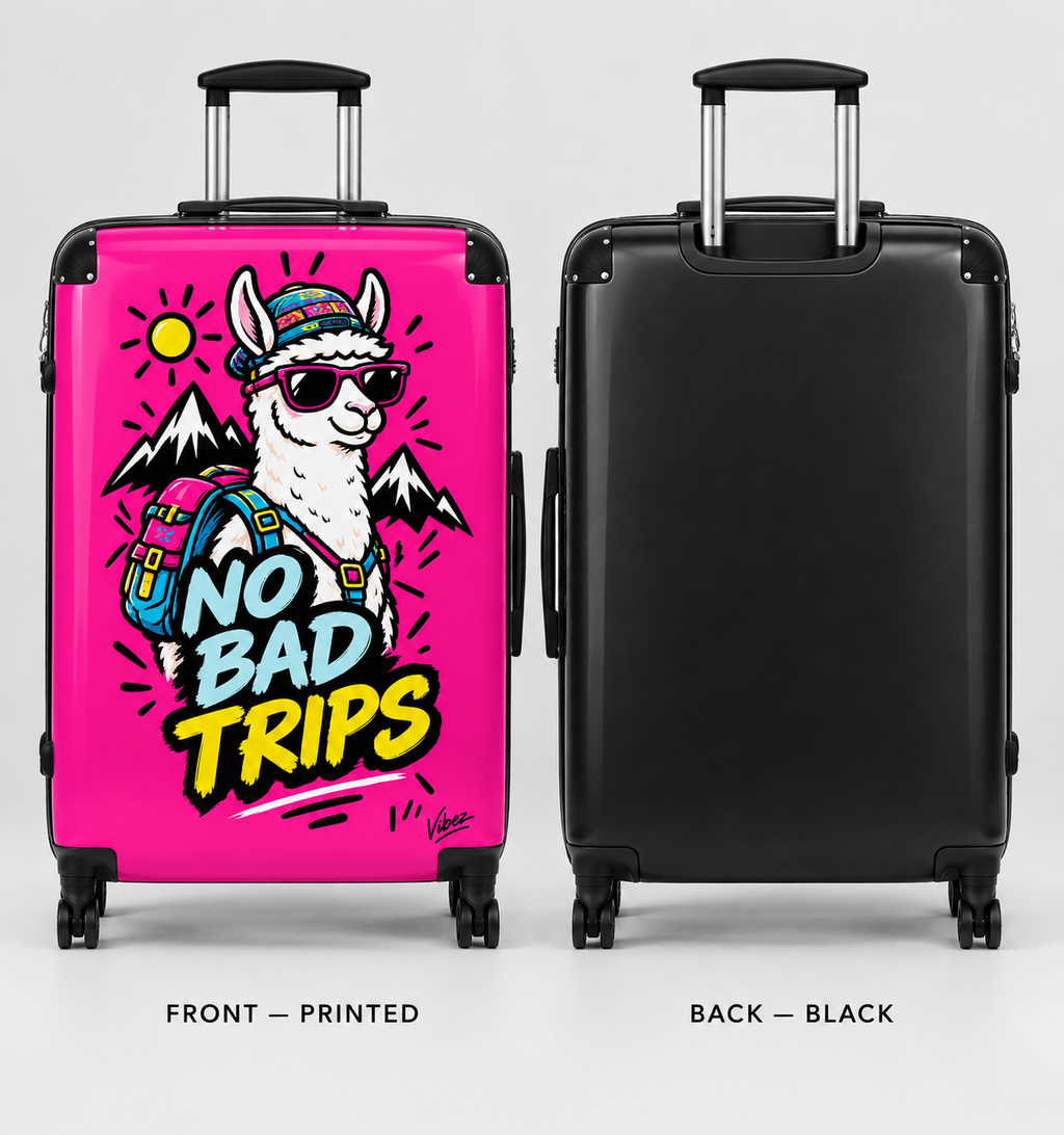 No Bad Trips Llama Suitcase | Bright Pink Travel Luggage, Mountain Graphic
