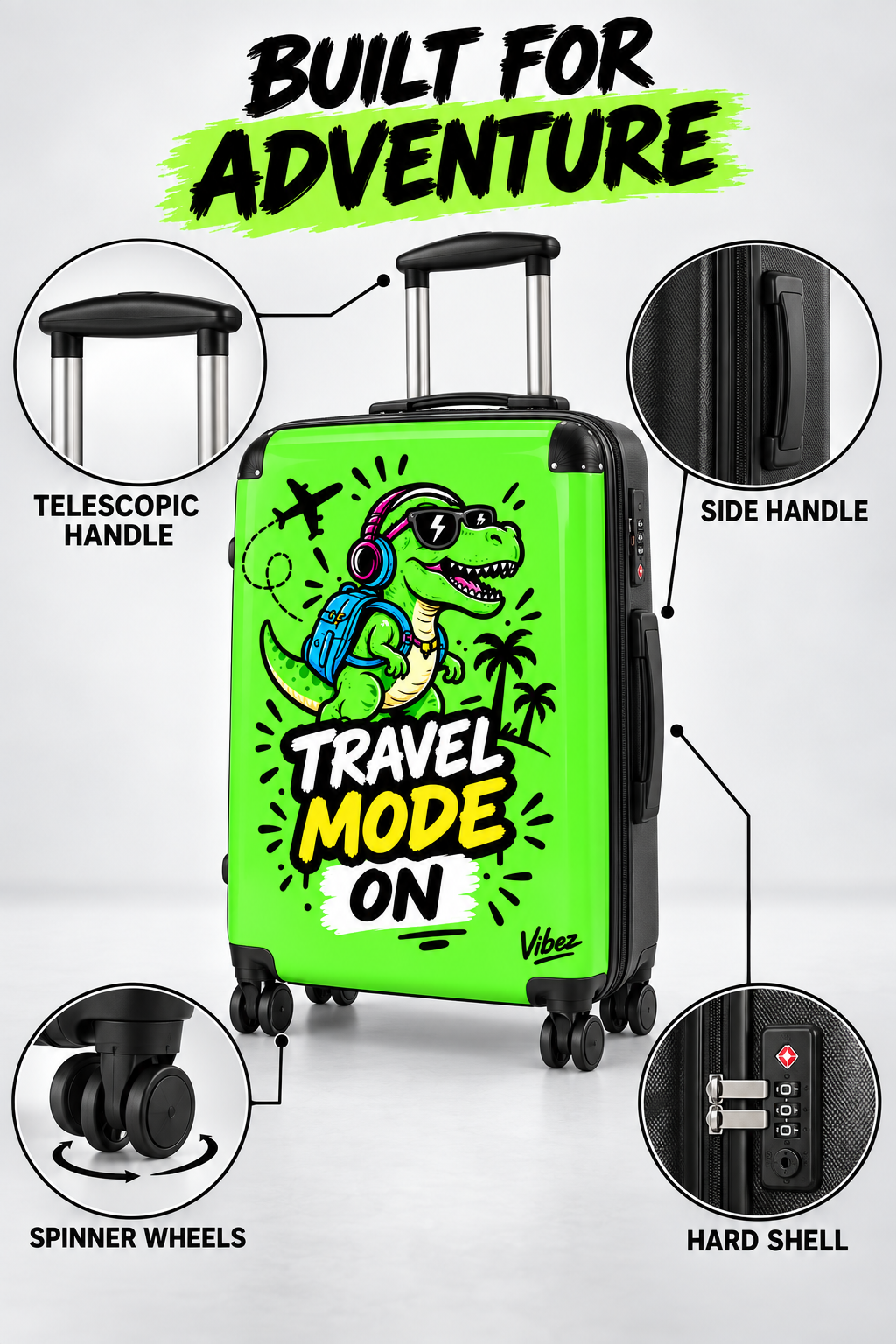 Travel Mode On dinosaur graphic Suitcase | Bright green rolling luggage
