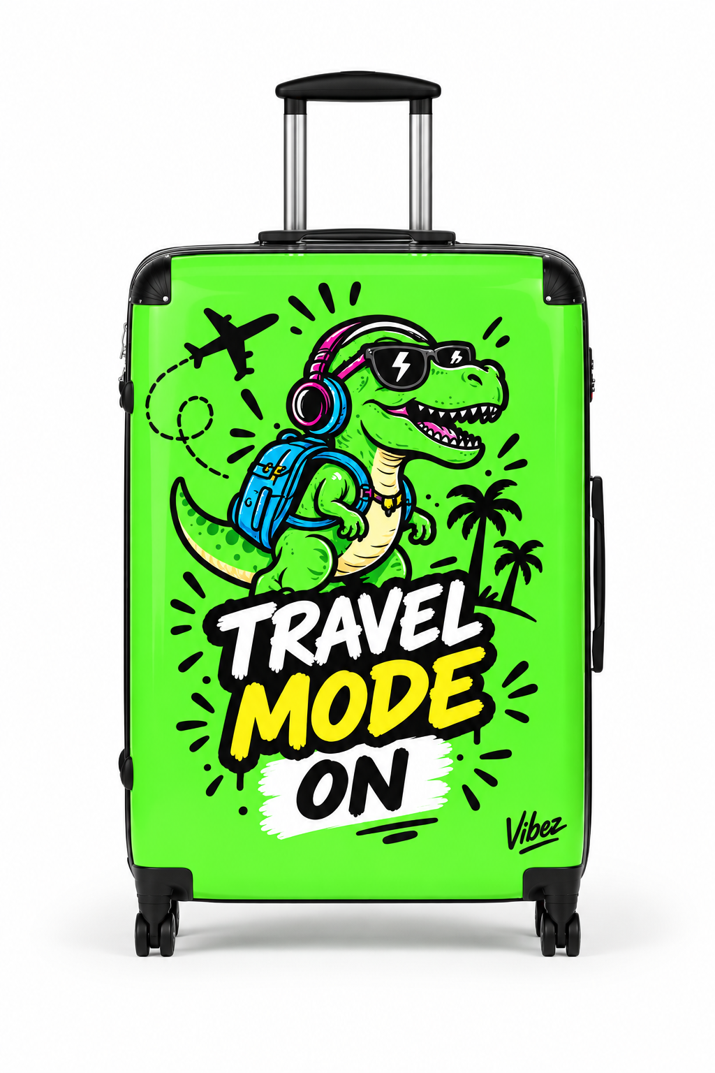 Travel Mode On dinosaur graphic Suitcase | Bright green rolling luggage