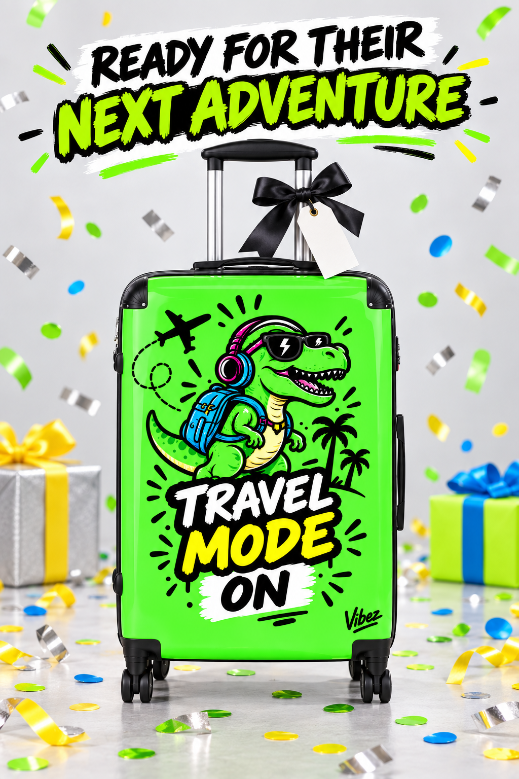 Travel Mode On dinosaur graphic Suitcase | Bright green rolling luggage