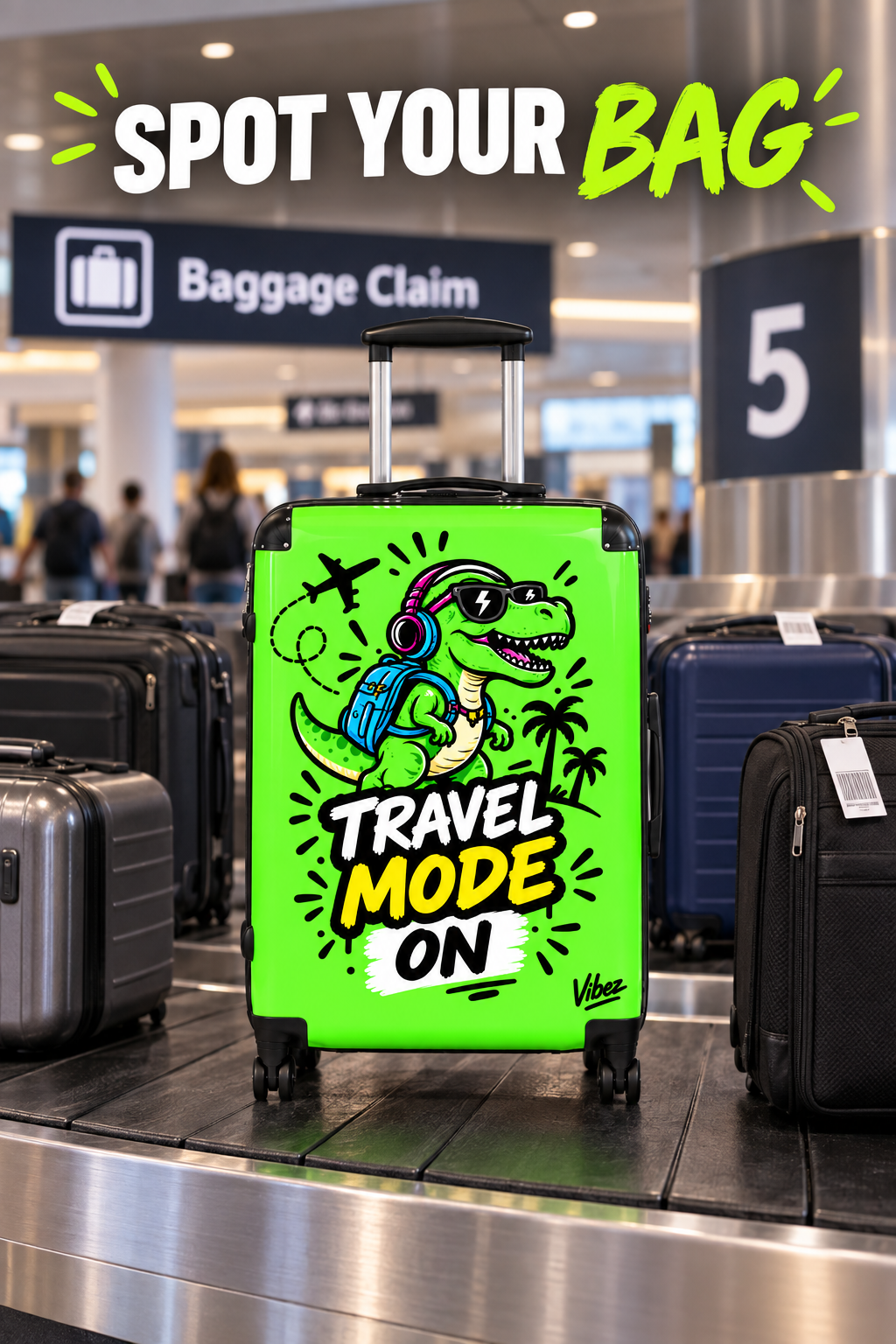 Travel Mode On dinosaur graphic Suitcase | Bright green rolling luggage