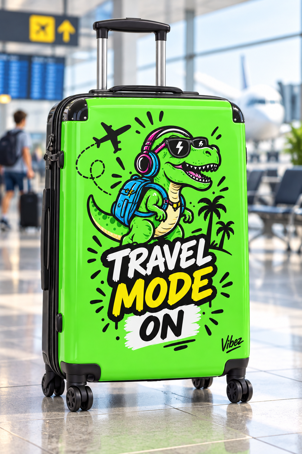 Travel Mode On dinosaur graphic Suitcase | Bright green rolling luggage