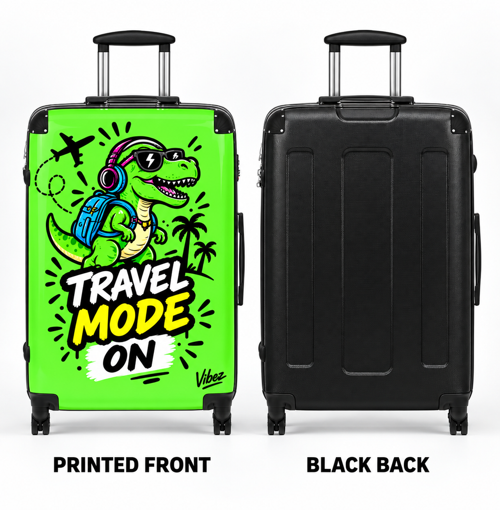 Travel Mode On dinosaur graphic Suitcase | Bright green rolling luggage