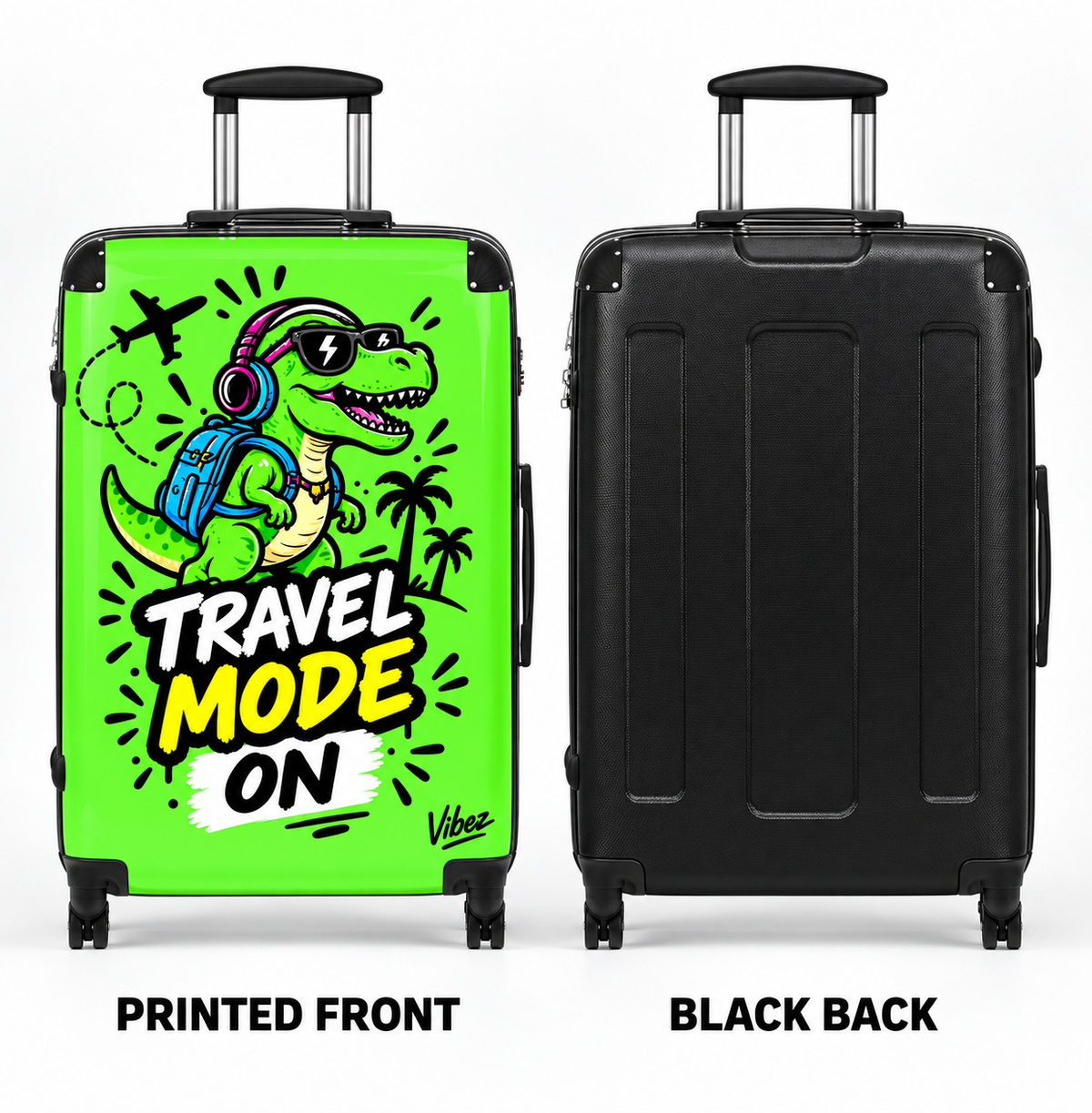 Travel Mode On dinosaur graphic Suitcase | Bright green rolling luggage