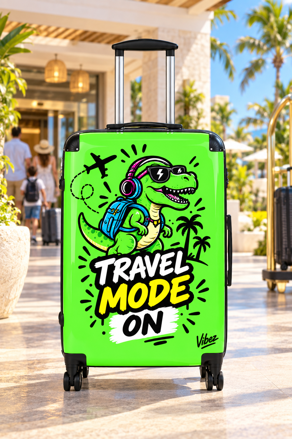 Travel Mode On dinosaur graphic Suitcase | Bright green rolling luggage