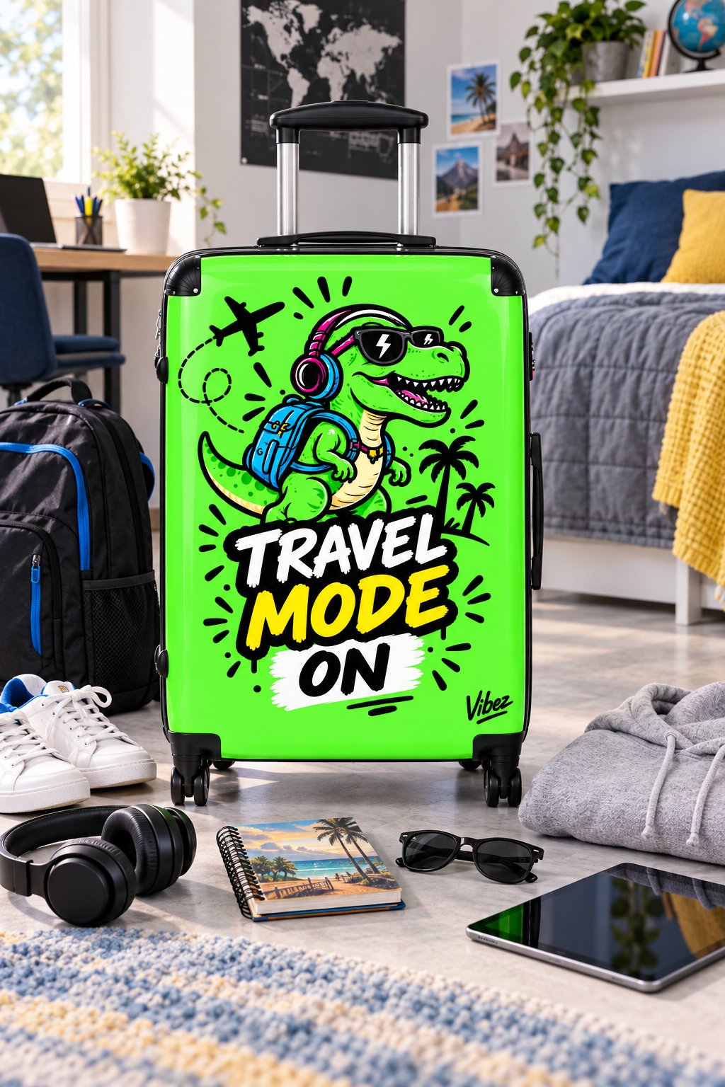Travel Mode On dinosaur graphic Suitcase | Bright green rolling luggage
