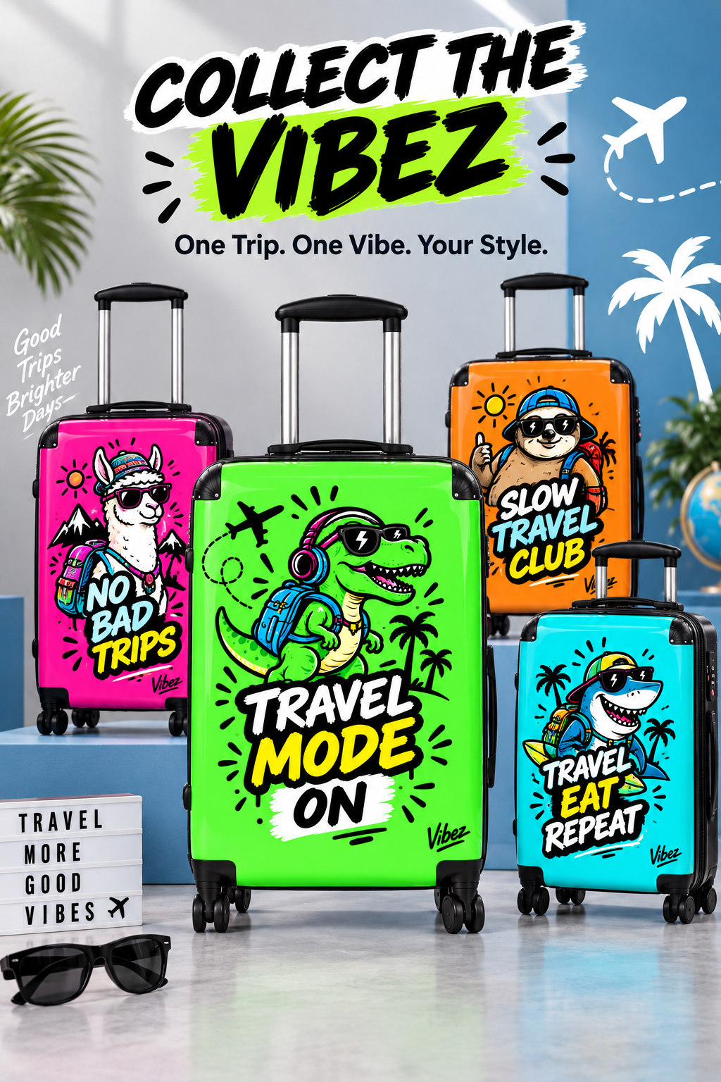 Travel Mode On dinosaur graphic Suitcase | Bright green rolling luggage