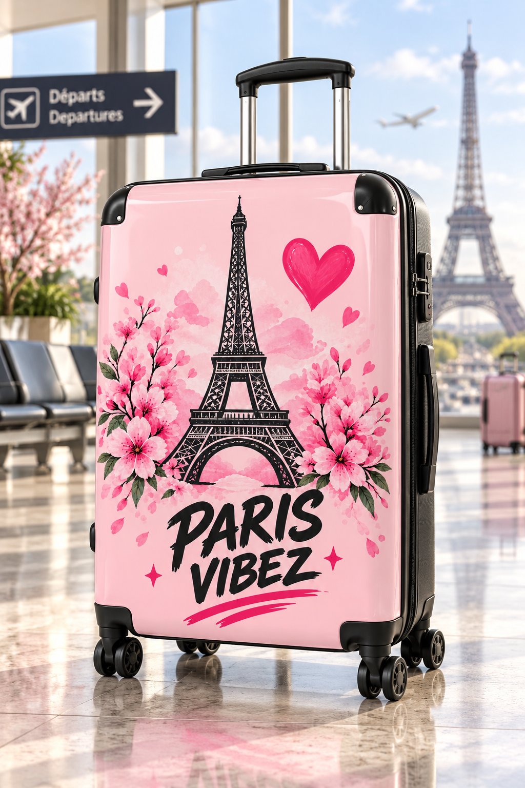 Paris Vibez Suitcase | Eiffel Tower Floral Travel Luggage, Pink Hearts