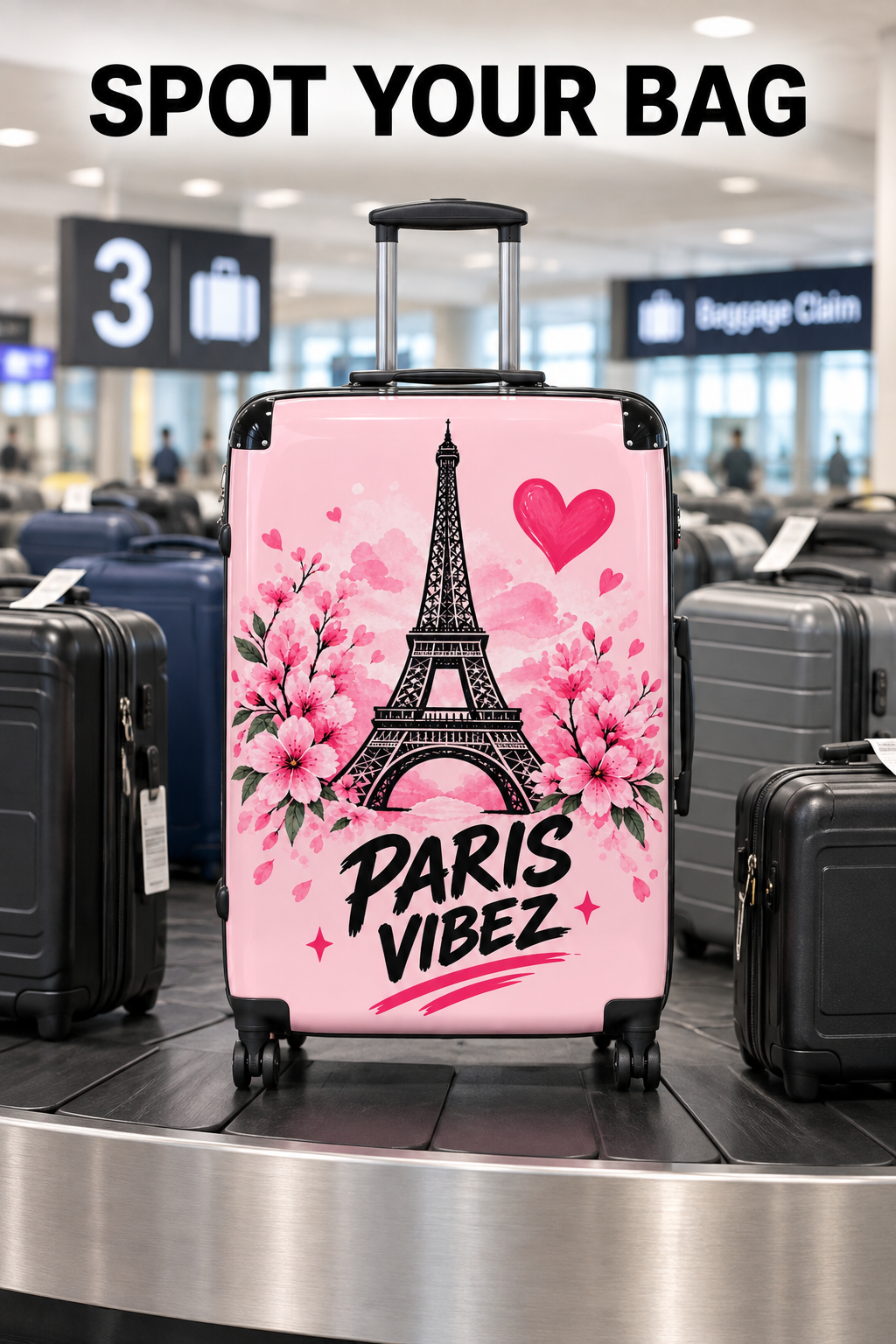 Paris Vibez Suitcase | Eiffel Tower Floral Travel Luggage, Pink Hearts