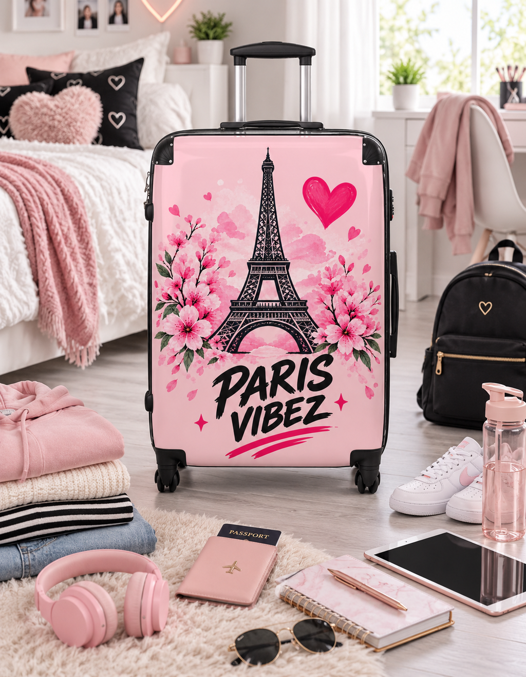 Paris Vibez Suitcase | Eiffel Tower Floral Travel Luggage, Pink Hearts
