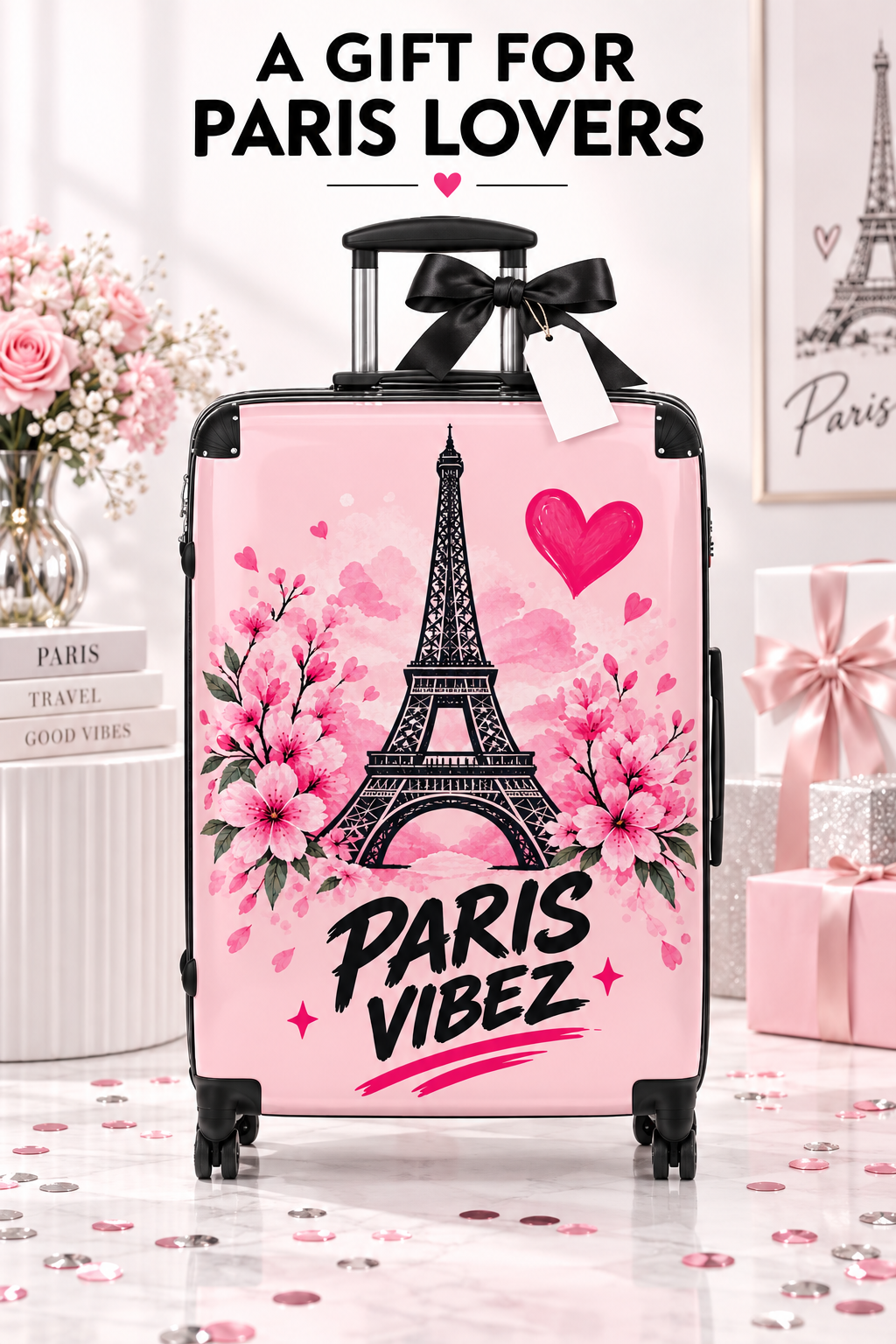 Paris Vibez Suitcase | Eiffel Tower Floral Travel Luggage, Pink Hearts