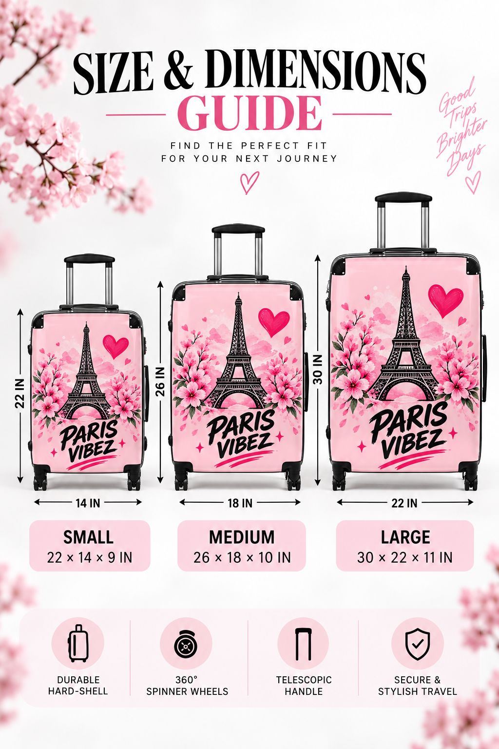 Paris Vibez Suitcase | Eiffel Tower Floral Travel Luggage, Pink Hearts