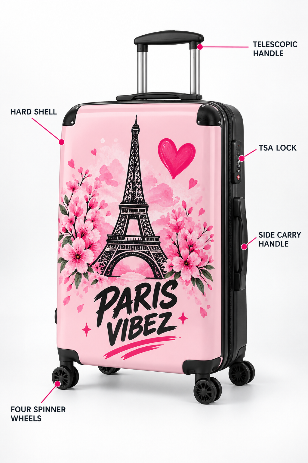 Paris Vibez Suitcase | Eiffel Tower Floral Travel Luggage, Pink Hearts