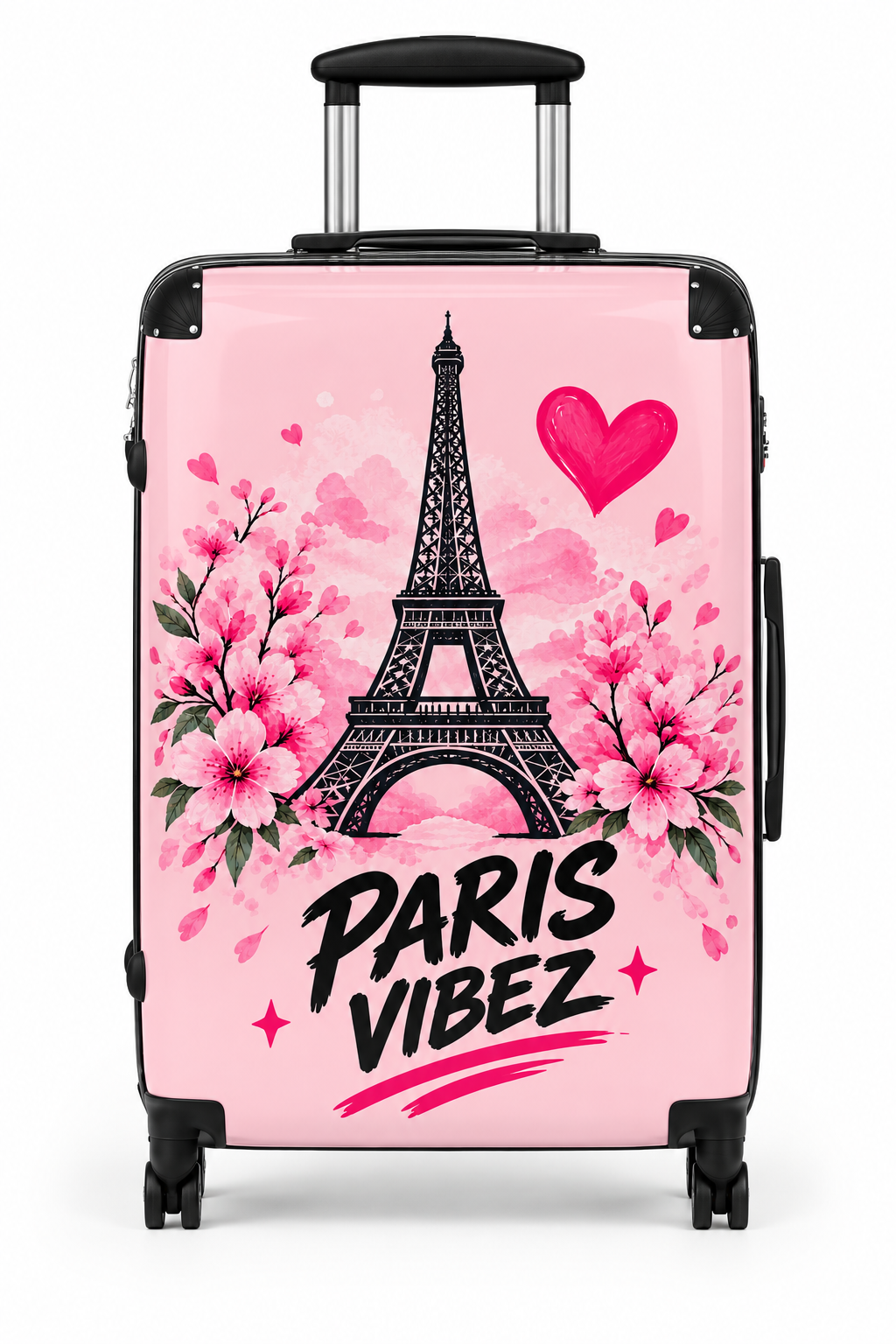 Paris Vibez Suitcase | Eiffel Tower Floral Travel Luggage, Pink Hearts