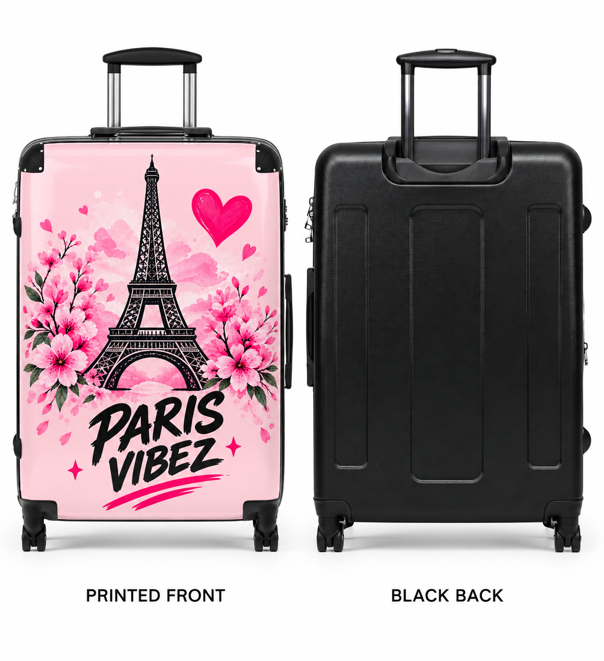Paris Vibez Suitcase | Eiffel Tower Floral Travel Luggage, Pink Hearts