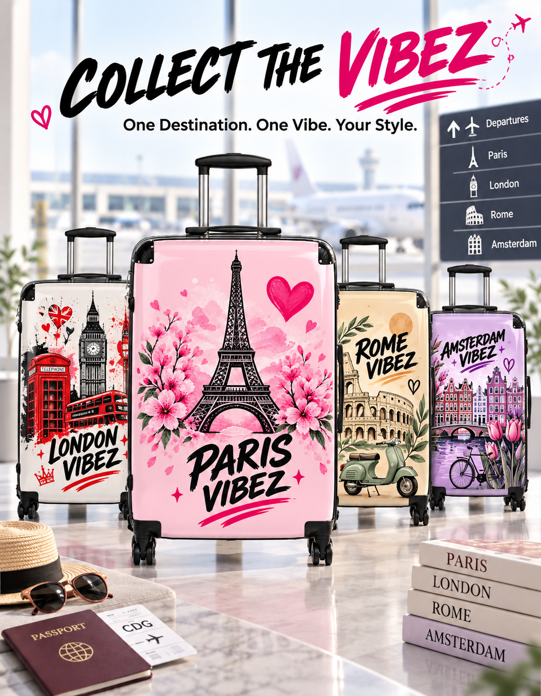 Paris Vibez Suitcase | Eiffel Tower Floral Travel Luggage, Pink Hearts